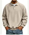 Men's beige oversized polo sweatshirt with ribbed shoulder details and button lapel. - M / Tops / Apricot