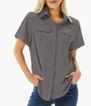 Close-up of the chest pockets and button-down design on a grey outdoor shirt - Dark Gray
