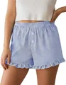 Close-up of women's blue and white striped lounge shorts featuring ruffle hem details - S / Bottoms / Blue