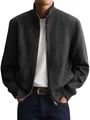 Close-up detail of a charcoal grey men's suede bomber jacket with a stand collar and zip - Black