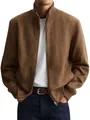 Detailed view of men's brown faux suede jacket with ribbed stand collar and zipper - 3XL / Tops / Brown