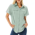 Detailed view of a sage green women's quick-dry multi-pocket outdoor shirt - Bean Green
