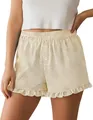 Close-up of women's striped lounge shorts with cute ruffle hem and decorative buttons - S / Bottoms / Pink