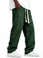 Detalle del pantalón de algodón y lino verde oscuro para hombre con corte recto y cordón - Verde Oscuro