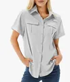 Detail view of women's quick-dry outdoor shirt with multi-pockets and button front - S / Tops / Light Gray