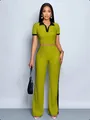 Full-length view of women's two-piece olive green set with polo top and wide-leg pants - S / Top And Bottom / Green