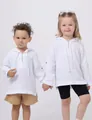 Kids wearing breathable white cotton linen hooded long sleeve shirts on white background - 73cm / Tops / White