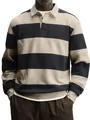 Detailansicht eines übergroßen Herren-Langarm-Polo-Sweatshirts mit dunkelblauen Streifen - Khaki