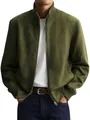 Detail of men's olive green stand collar jacket with ribbed cuffs and full zipper. - Army Green