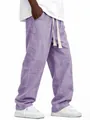 Detail showing purple linen cotton casual pants for men with drawstring waist. - S / Bottoms / Purple