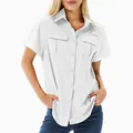 Detailed view of women's white quick-dry short sleeve outdoor shirt with multiple utility pockets - White