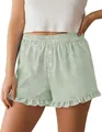Close-up of green vertical striped pajama shorts with feminine ruffle hem and buttons - S / Bottoms / Light Green