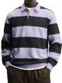 Detailansicht des weit gestreiften Langarm-Polo-Sweatshirts für Herren in Lavendel und Schwarz - Lila