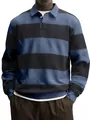 Nahaufnahme des gestreiften Herren-Polosweatshirts mit Knopfkragen und Stoffstruktur. - Aqua