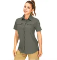 Detail view of women's quick-dry outdoor shirt with multi-pocket design in olive green - Dark Gray