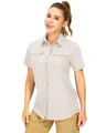 Detailed front view of women's grey outdoor shirt featuring functional chest pockets - Apricot