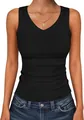 Detail view of women's black V-neck ribbed tank top showing slim fit and texture - S / Tops / Black