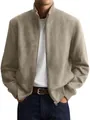 Premium men's casual beige suede bomber jacket with stand collar and zipper closure - 3XL / Tops / Khaki
