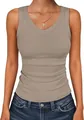 Close-up detail of the V-neckline and high-quality ribbed knit fabric on the taupe tank top - Khaki
