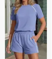 Detailed view of women's casual lilac blue two-piece shorts set with white trim details - S / Top And Bottom / Blue