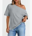 T-shirt donna grigia con spalla scoperta vestibilità morbida, top estivo casual chic - Grigio chiaro