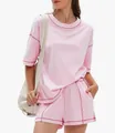 Detailed view of women's pink cotton loungewear set with contrast magenta stitching - S / Top And Bottom / Pink