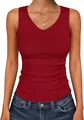 Detailed view of women's red V-neck ribbed slim fit sleeveless knitted tank top - S / Tops / Burgundy