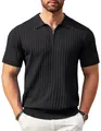 Detailaufnahme eines schwarzen Polo-Strickshirts mit Rippmuster und Reißverschluss. - S / Oberteile / Schwarz