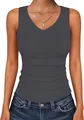 Detail of women's grey ribbed V-neck tank top showing slim fit and knit texture. - Dark Gray
