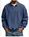 Blue men's loose casual sweatshirt with button collar and ribbed stitch details - Navy Blue