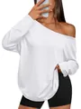 Elegantes weißes Damen-T-Shirt mit schräger Schulter und langen Ärmeln, lockere Passform - S / Oberteile / Weiß