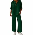 Élégant ensemble deux pièces vert foncé avec col en V et pantalon large femme - S / Haut Et Bas / Vert Foncé