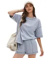 Casual women's grey two-piece set featuring oversized t-shirt and matching shorts - S / Top And Bottom / Gray