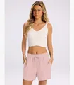 Detailed view of women's pink casual shorts featuring drawstring waist and contrast stitching. - S / Bottoms / Pink