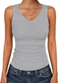 Close-up of a women's grey ribbed V-neck slim fit tank top, casual sleeveless knit - S / Tops / Light Gray