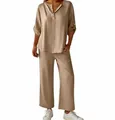 Ensemble deux pièces élégant pour femme avec haut col V manches 3/4 et pantalon assorti - S / Haut Et Bas / Kaki