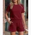 Detail shot of burgundy two-piece casual set featuring white piping on top and shorts - S / Top And Bottom / Burgundy
