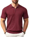 Detail des burgunderroten Strick-Polo-Shirts mit stilvollem Reißverschlusskragen - Burgunderrot