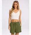 Stylish women's army green casual shorts featuring contrast stitching and drawstring. - S / Bottoms / Army Green