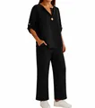 Vue détaillée de l'ensemble noir pour femme avec haut à col en V et pantalon droit - Noir