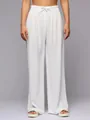 Front view detail of white high-waisted wide-leg trousers with drawstring waist - S / Bottoms / White