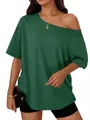 Elegante t-shirt donna verde scuro spalle scoperte, vestibilità ampia casual per l'estate - Verde