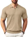 Detailaufnahme eines khakifarbenen Strick-Poloshirts mit Rippenstruktur und Reißverschluss - L / Oberteile / Khaki