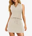 Vooraanzicht van beige mouwloze tennispoloset voor dames met bijpassende gestreepte rok - S / Boven- En Onderstuk / Abrikoos