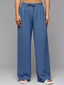 Women's blue high-waisted wide-leg trousers with elastic drawstring waist - Aqua