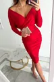 Close-up detail of a vibrant red V-neck ruched bodycon midi dress with long sleeves - S / Red