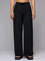 Close-up detail showing the texture and drawstring waist of black high-waisted casual pants. - S / Bottoms / Black