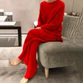 Chique rode tweedelige geribbelde gebreide loungeset met trui en broek - S / Boven- En Onderstuk / Rood