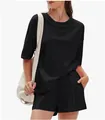 Women's 100% cotton two-piece t-shirt and shorts lounge set in black - S / Top And Bottom / Black