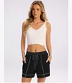 Stylish women's black casual shorts featuring white contrast stitching and a drawstring - S / Bottoms / Black